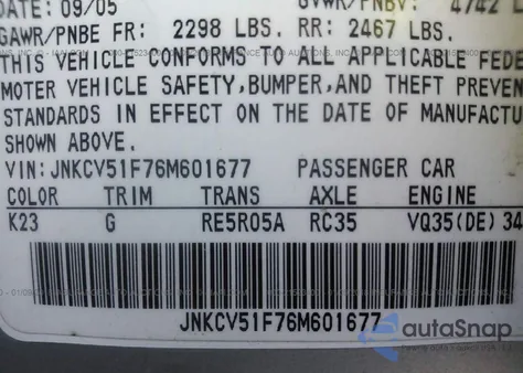 2006 Infiniti G35X z USA, uszkodzony, nr VIN JNKCV51F76M601677